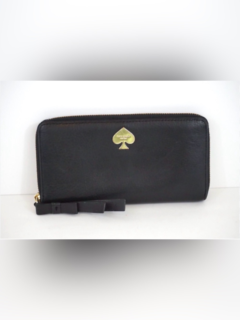 kate spade Black Leather Zip-Around Wallet with Bow Pull and Gold Spade